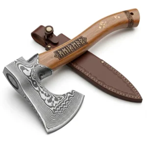 Damascus Steel Viking Axe with Leather Sheath